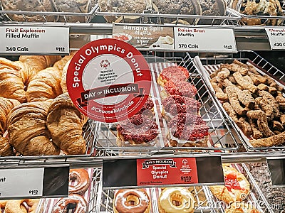 Special Olympics Donut pastry by famous Canadian cafe restaurant Tim Hortons. Editorial Stock Photo