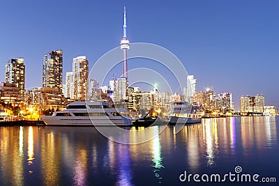 Toronto skyline at dusk with colorful reflections Stock Photo