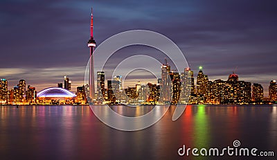 Toronto Skyline at Night and Reflection Editorial Stock Photo