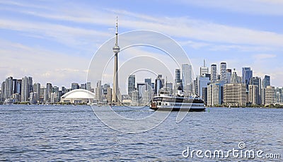 Toronto skyline and Ontario lake with ferry on the foreground Editorial Stock Photo
