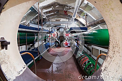 Torpedo compartment in russian submarine Stock Photo