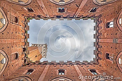 Torre del Mangia in Siena, Italy, seen from the inside of Palazzo Pubblico Stock Photo