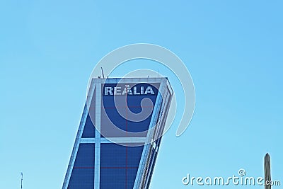 Torre Realia one of the two KIO Towers or Puerta de Europa in the famous Paseo de la Castellana in Madrid. Editorial Stock Photo