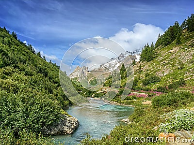 Torrent landscape during Tour du Mont Blanc hike, Aosta Valley Italy Stock Photo