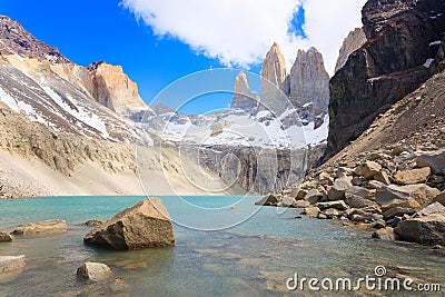 Torres del Paine view, Base Las Torres viewpoint, Chile Stock Photo