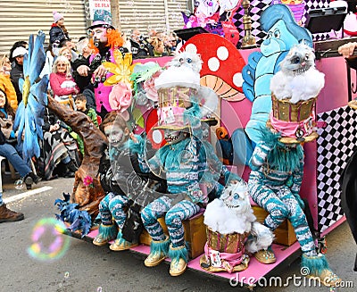 TORREVIEJA, SPAIN FEBRUARY 12, 2023: Kids in a colorful carnival costumes at a festive parade, Alicante, Costa blanca region. Editorial Stock Photo