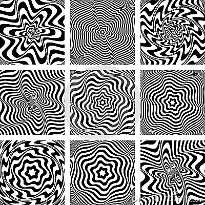 Torsion movement illusion. Op art patterns set. Vector Illustration