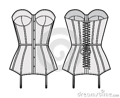 Torsolette basque bustier lingerie technical fashion illustration with molded cup, back laced, attached garters. Flat Vector Illustration