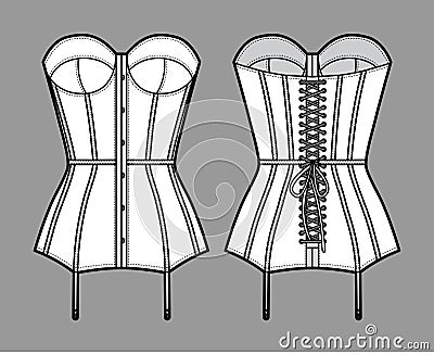 Torsolette basque bustier lingerie technical fashion illustration with molded cup, back laced, attached garters. Flat Cartoon Illustration