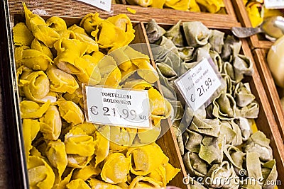 Tortelloni in a market of Bologna. Emilia-Romagna. Italy. Editorial Stock Photo