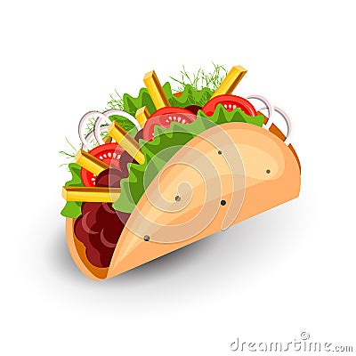 Tortilla Burritos wrap vector cartoon illustration. Mexican burritos with french fries and vegetables Icon. Mexican Vector Illustration