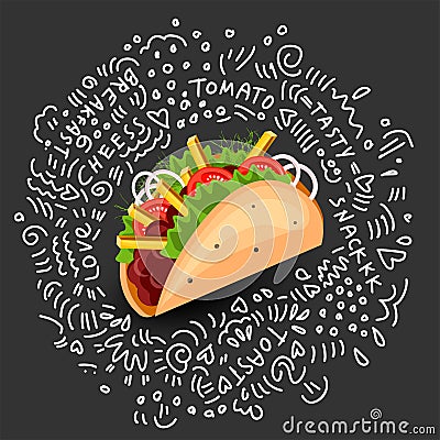 Tortilla Burritos wrap vector cartoon illustration. Mexican burritos with french fries and vegetables Icon. Mexican Vector Illustration