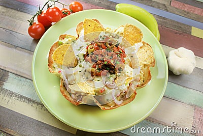 Tortilla pie filled with chicken meat melted cheese and rice Stock Photo