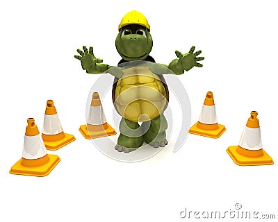 Tortoise builder with hazard cones Stock Photo