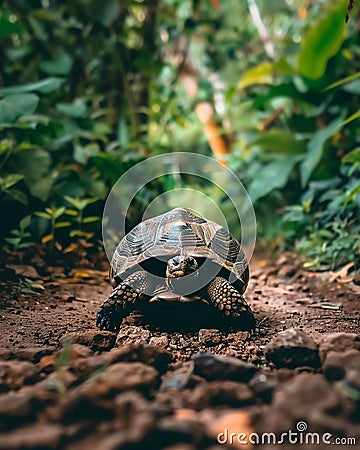tortoise crawls across path in lush green environment, showcasing its unique shell and slow movement Stock Photo