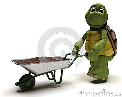 Tortoise gardener with a wheel barrow Stock Photo