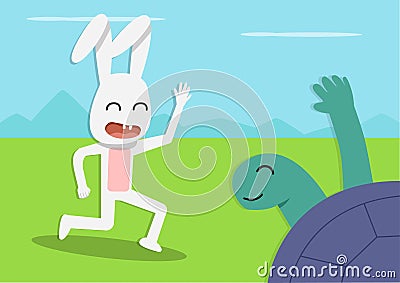 Tortoise meet Rabbit at forest, vector cartoon Vector Illustration