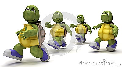 Tortoises running in sneakers Stock Photo