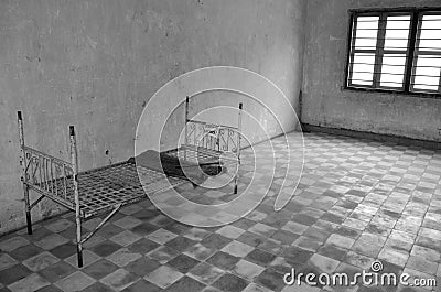 Torture bed in the Khmer Rouge high school S-21 Editorial Stock Photo