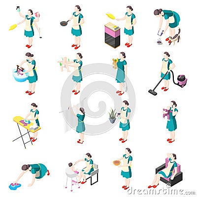 Tortured housewife isometric icons with female persons involved in washing cooking cleaning ironing gardening dishwashing Vector Illustration