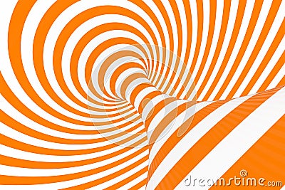 Torus 3D optical illusion raster illustration. Hypnotic white and orange tube image. Contrast twisting loops, stripes ornament. Cartoon Illustration