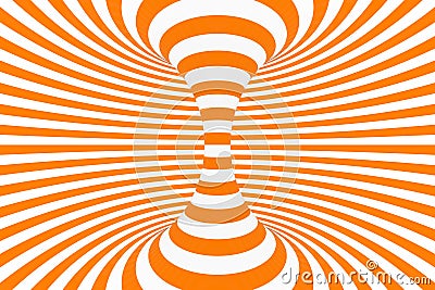 Torus 3D optical illusion raster illustration. Hypnotic white and orange tube image. Contrast twisting loops, stripes ornament. Cartoon Illustration