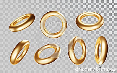 Torus in various projections on transparent background. Gold realictick 3d torus model icons Vector Illustration