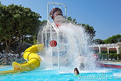 Torvaianica, Italy - July 2017: People having fun in the swimming pool in water park at Zoomarine acqua park Editorial Stock Photo