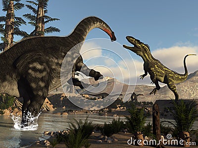 Torvosaurus and apatosaurus dinosaurs fighting - 3D render Stock Photo