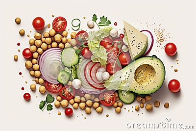 Tossed salad of chickpeas, tomatoes, cucumbers, avocados, and onions Stock Photo