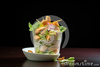 tossed salad topped with sliced chicken nuggets Stock Photo