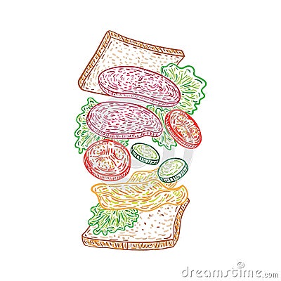 Tossed salami sandwich. Vector illustration decorative design Vector Illustration