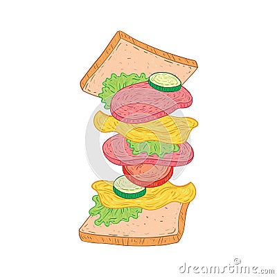 Tossed salami sandwich vector illustration. Vector illustration decorative design Vector Illustration
