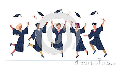 Tossing Caps. Happy college graduates group throw up caps, students graduation ceremony from university, boys and girls Vector Illustration