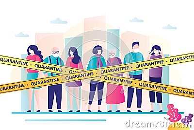 Total city quarantine or self-isolation. Various sick people in protective masks. Crowd of humans under warning tapes Vector Illustration
