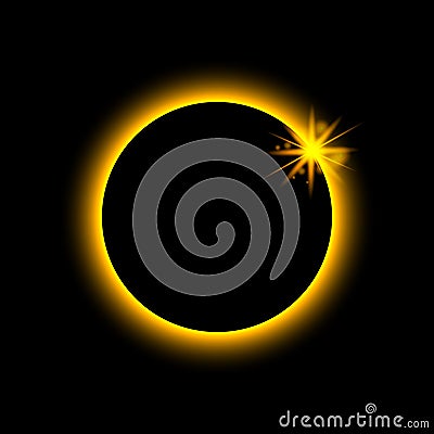 Total eclipse solar. Sun planet glows in ring. Circle earth in fire. Moon light on night space. Full eclipse with red aura on Vector Illustration