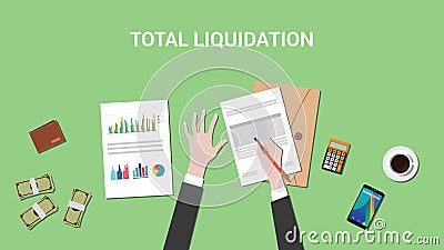 Total liquidation concept illustration with business man working on a paper work document and signing graph chart Vector Illustration