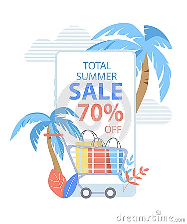 Total Summer Sale Banner, Shopping Cart Paper Bags Vector Illustration