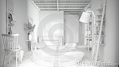 Total white project, cosy peaceful bathroom, big bathtub, ceramic tiles floor, carpet, round poufs, shelves and lamps, mirror and Stock Photo