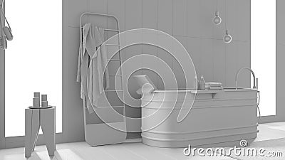 Total white project draft, bathroom with wooden walls and floor, spa style, freestanding bathtub, towel rack, pendant lamps, Stock Photo