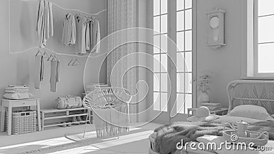 Total white project draft, boho chic farmhouse bedroom with rattan bed, rustic walk in closet and armchair. Jute carpet. Vintage Stock Photo