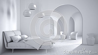 Total white project draft, classic metaphysics surreal interior design, bedroom with ceramic floor, open space, archway with Stock Photo