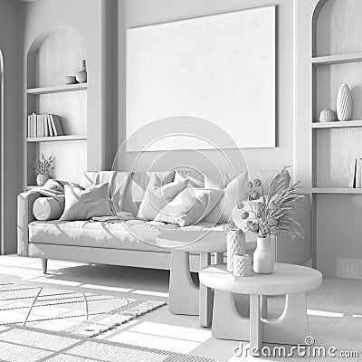 Total white project draft, classic wooden living room with fabric sofa, coffee tables and carpet. Parquet floor and shelves. Stock Photo