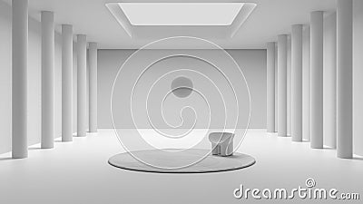 Total white project draft, imaginary fictional architecture, interior design of empty space with classic colonnade, round carpet Stock Photo