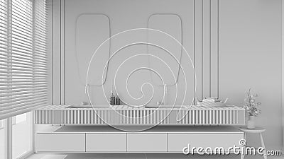 Total white project draft, minimal wooden bathroom close-up. Double washbasin with sink and mirror. Window with venetian blinds. Stock Photo