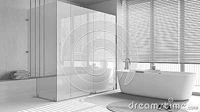 Total white project draft, minimal wooden bathroom. Freestanding bathtub and shower with glass door. Marble tiles floor. Japandi Stock Photo