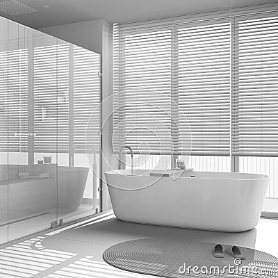 Total white project draft, modern wooden bathroom. Freestanding bathtub and shower with glass door and marble tiles floor. Stock Photo