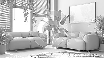 Total white project draft, plants lovers concept. Modern minimal living room. Parquet, sofa and many house plants. Urban jungle Stock Photo