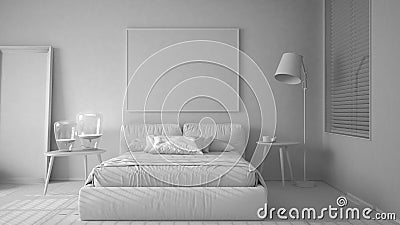 Total white project, modern bright bedroom, double bed with pillows, duvet and blanket, parquet, window, table with lamps, mirror Stock Photo