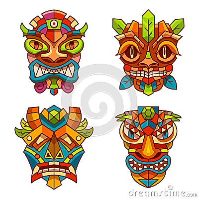 Totem pole mask set, religious ethnic idols Vector Illustration